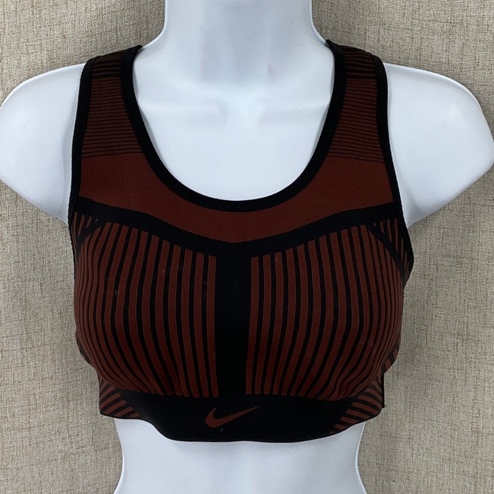 Nike Sports Bra Womens Size Medium Rust Black Striped Racerback Seamless Classic